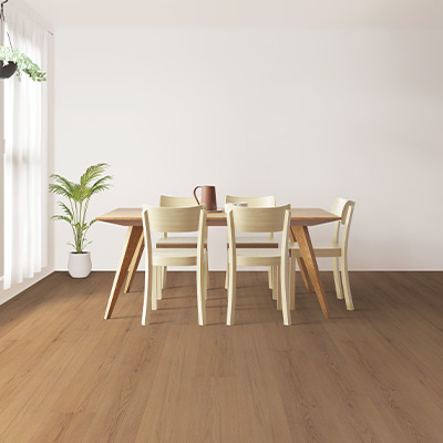 warm toned vinyl plank flooring in Scandinavian inspired dining room