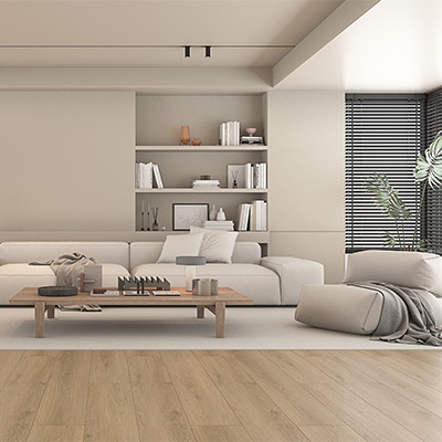warm toned wood look laminate flooring in cozy living room