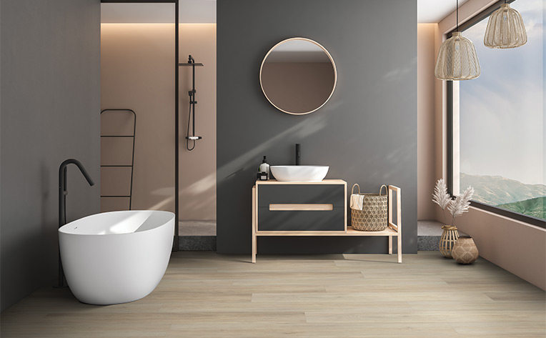 wood flooring in bathroom with Benjamin Moore Silhouette Walls