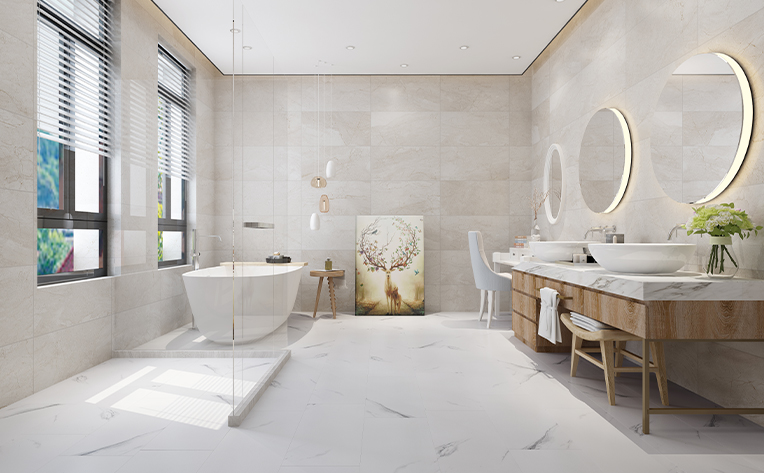 bathroom with white tile floor